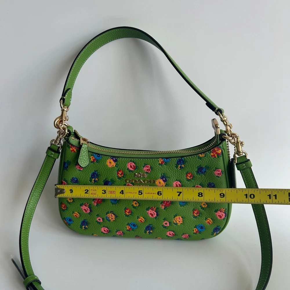 Coach Teri Shoulder Bag Vintage Rose Print Green Leather Bag CA616